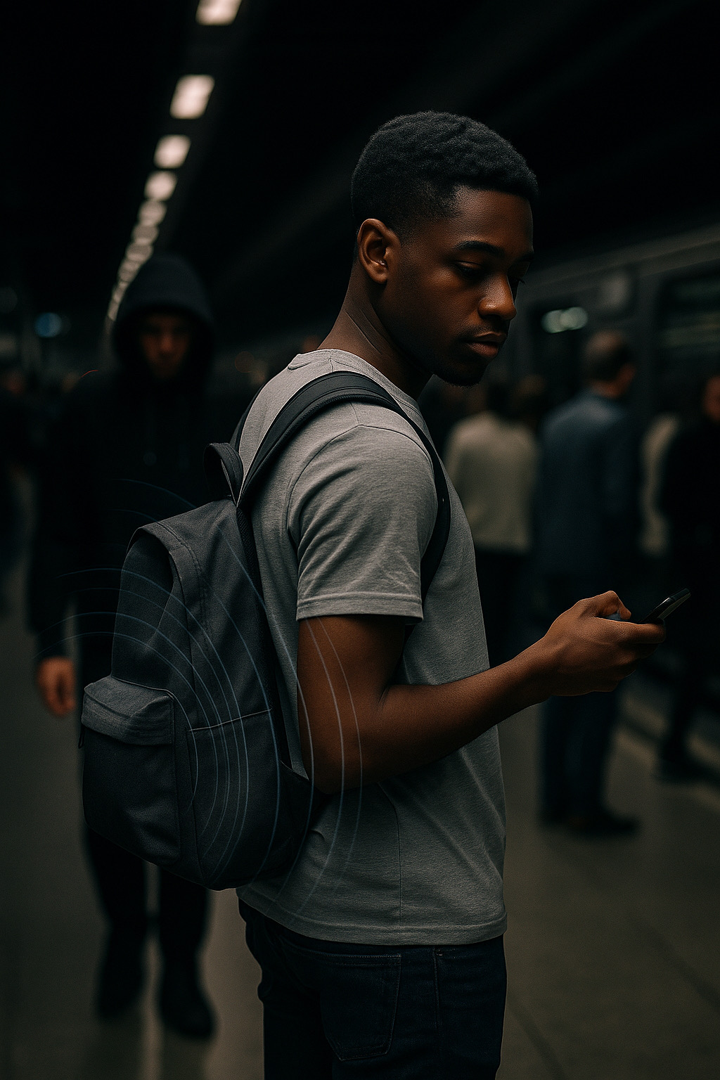 Young man in metro with backpack